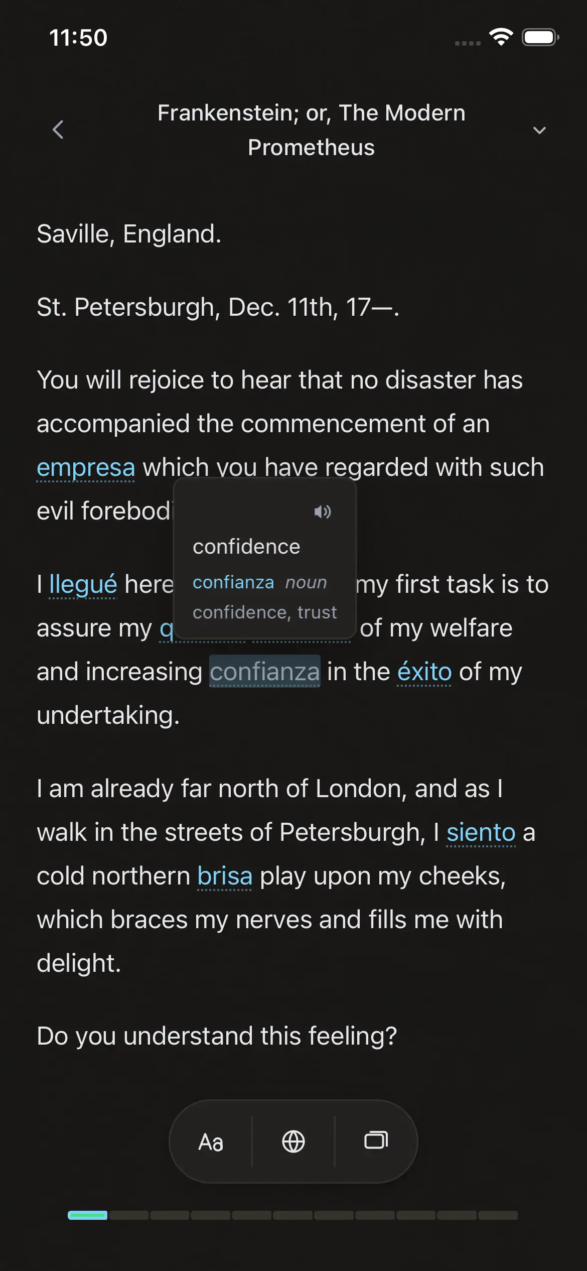 The Spanish word confianza tapped in Frankenstein, with confidence, trust shown in a popover beside it.